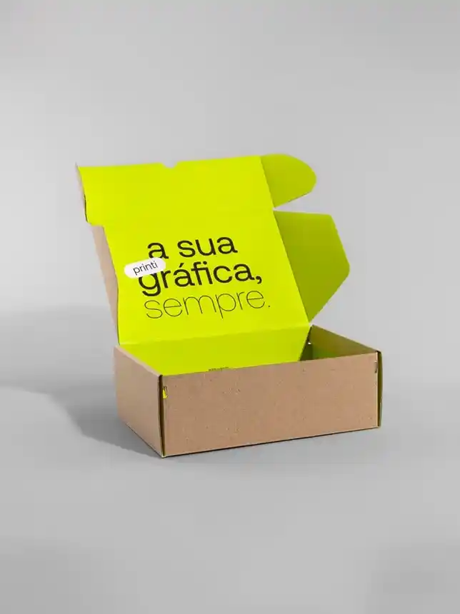 Embalagem personalizada para transporte, disponível em Kraft, Reciclato e Papel onda E; protege e surpreende no unboxing.