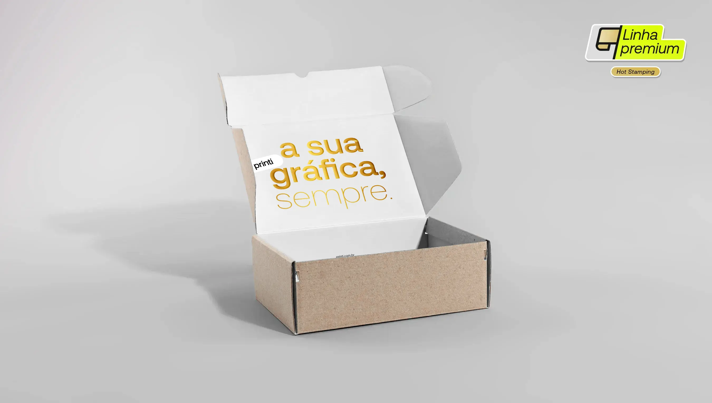 Embalagens para transporte com impressão interna e acabamento metálico, oferecendo uma experiência diferenciada ao cliente.